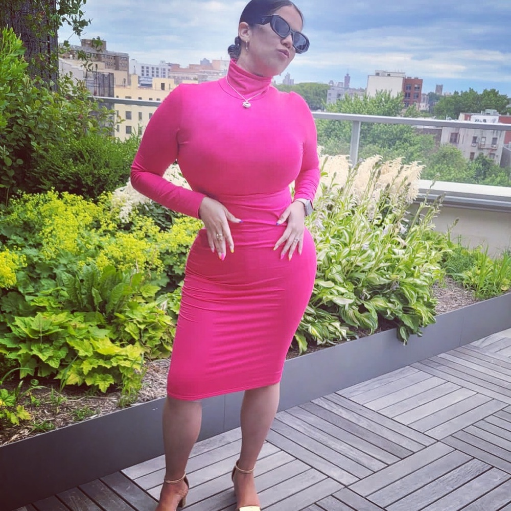 Chic Hot Pink Turtleneck Dress